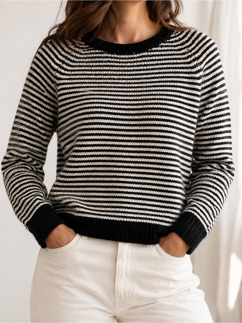 Banana Republic Merino Wool Black Ivory Stripe Sweater L
